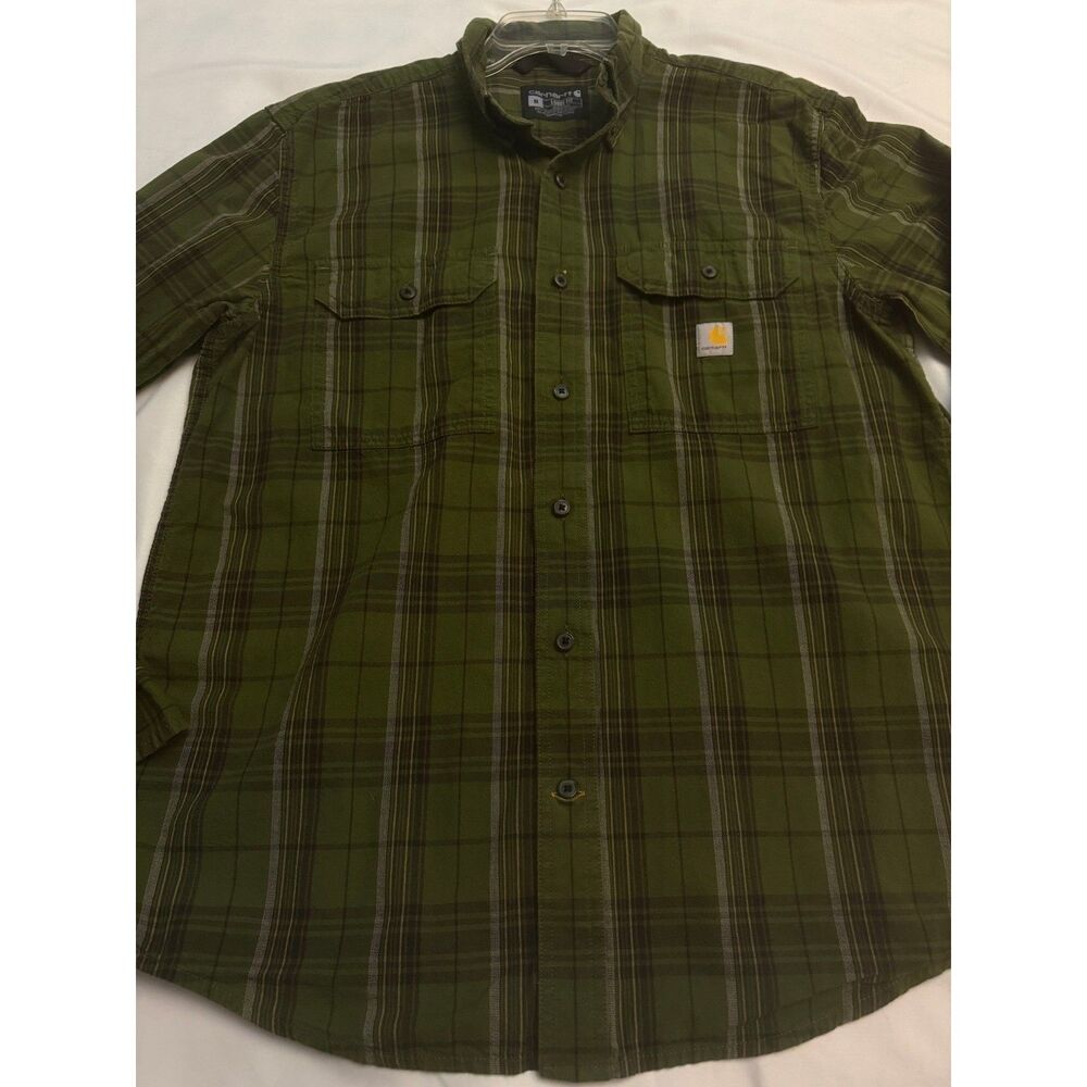 Carhartt Mens Loose Fit Plaid Long Sleeve Button Down Shirt Green TW4447-M Med
